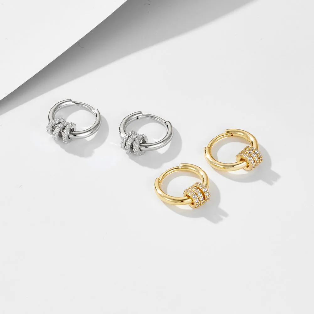 Three Small Zircon Circle Ring Silver Hoop Earrings
