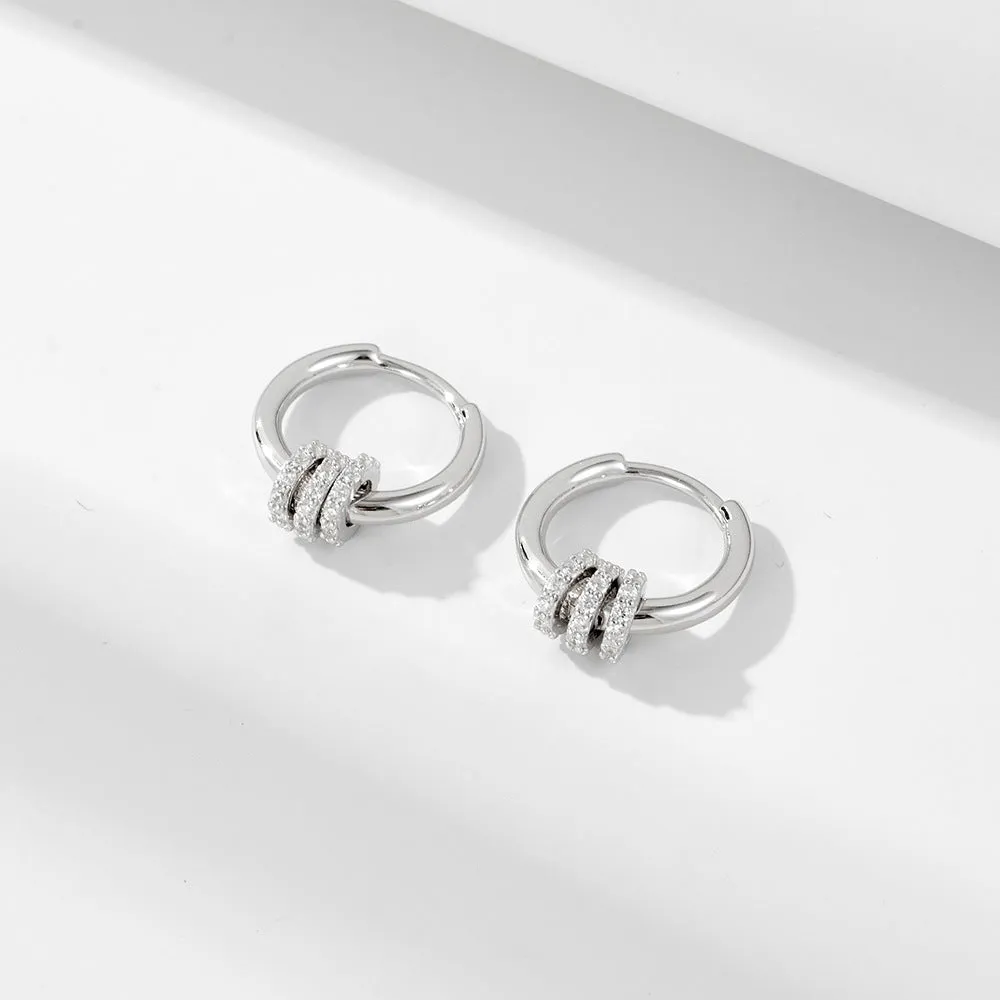 Three Small Zircon Circle Ring Silver Hoop Earrings