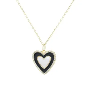 Two Tone Heart Necklace - Black Enamel and Pearl