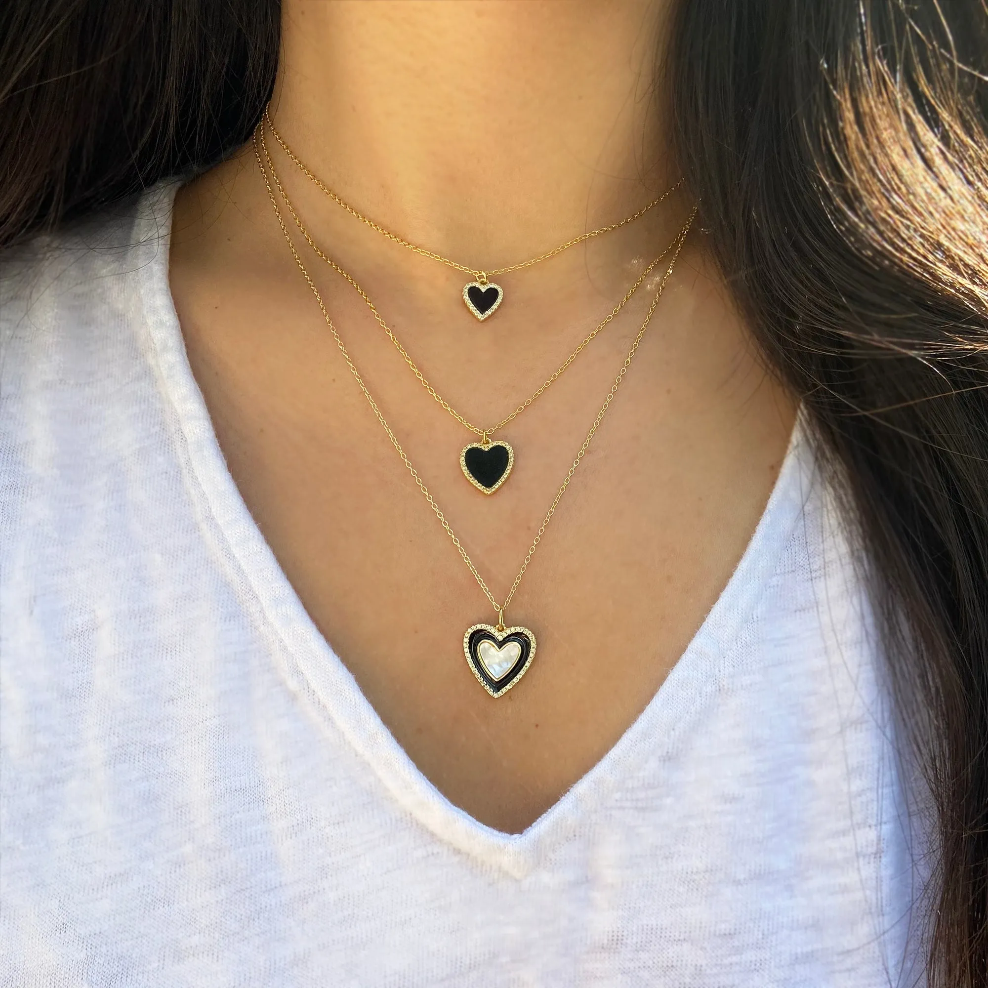 Two Tone Heart Necklace - Black Enamel and Pearl