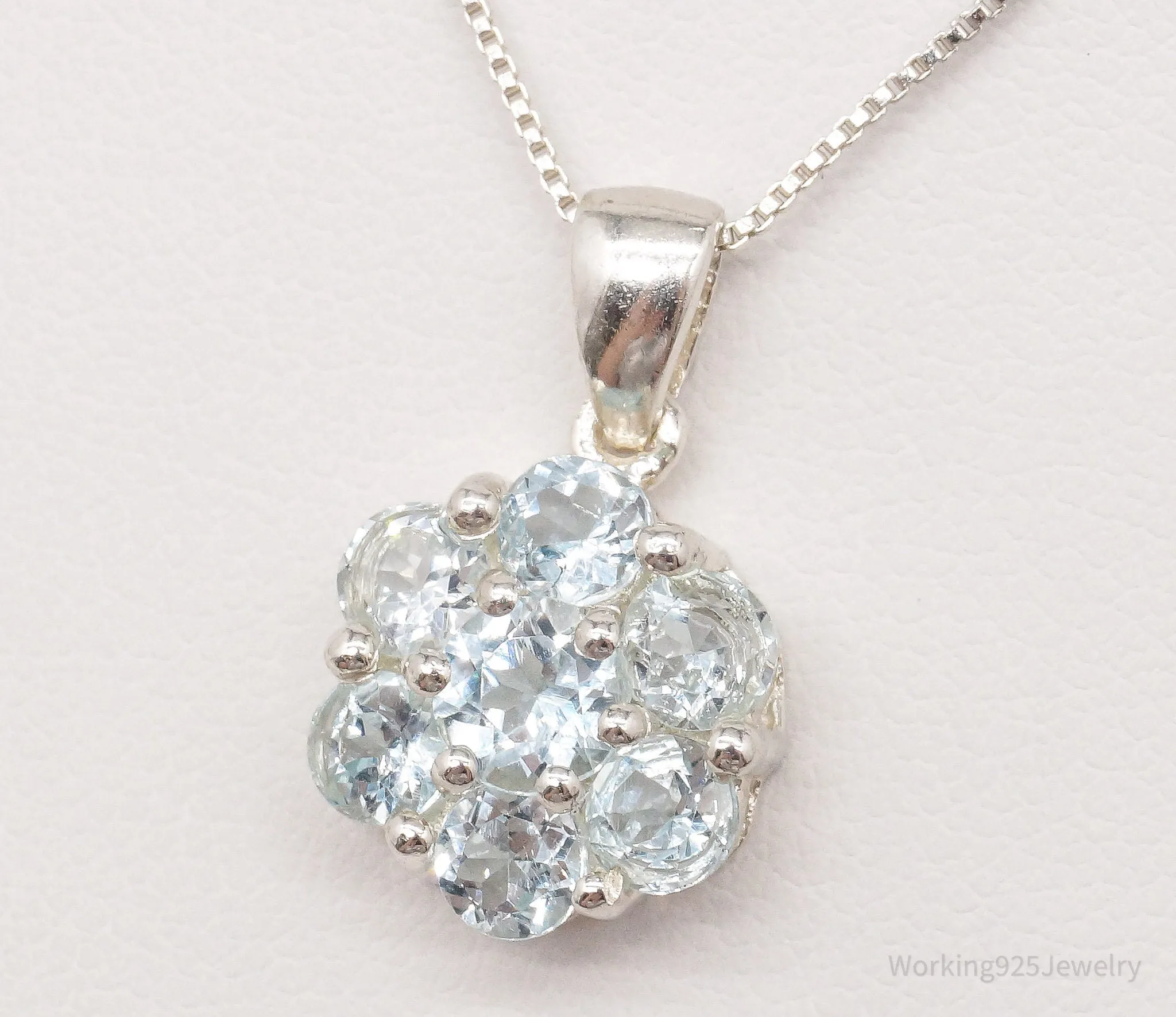 Vintage Blue Topaz Flower Sterling Silver Chain Necklace 18"