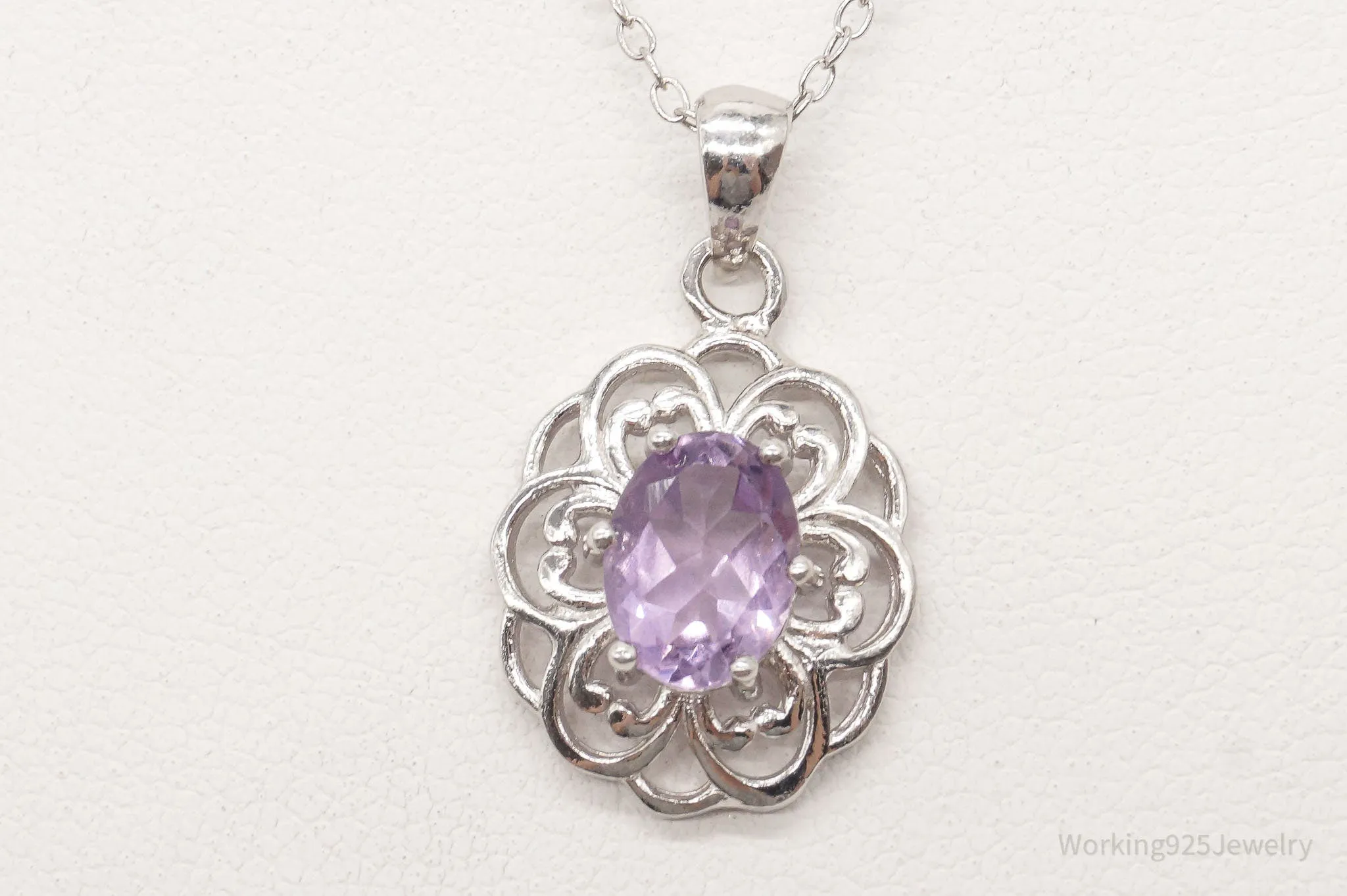 Vintage FAS Amethyst Flower Sterling Silver Chain Necklace