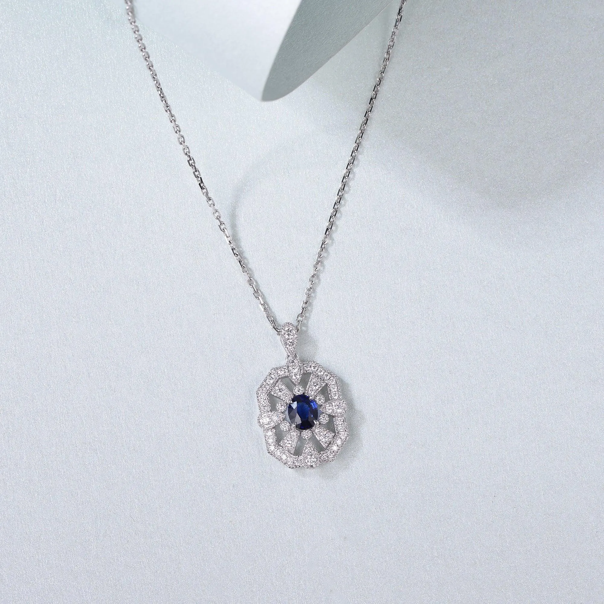 Vintage Inspired Sapphire White Gold Necklace