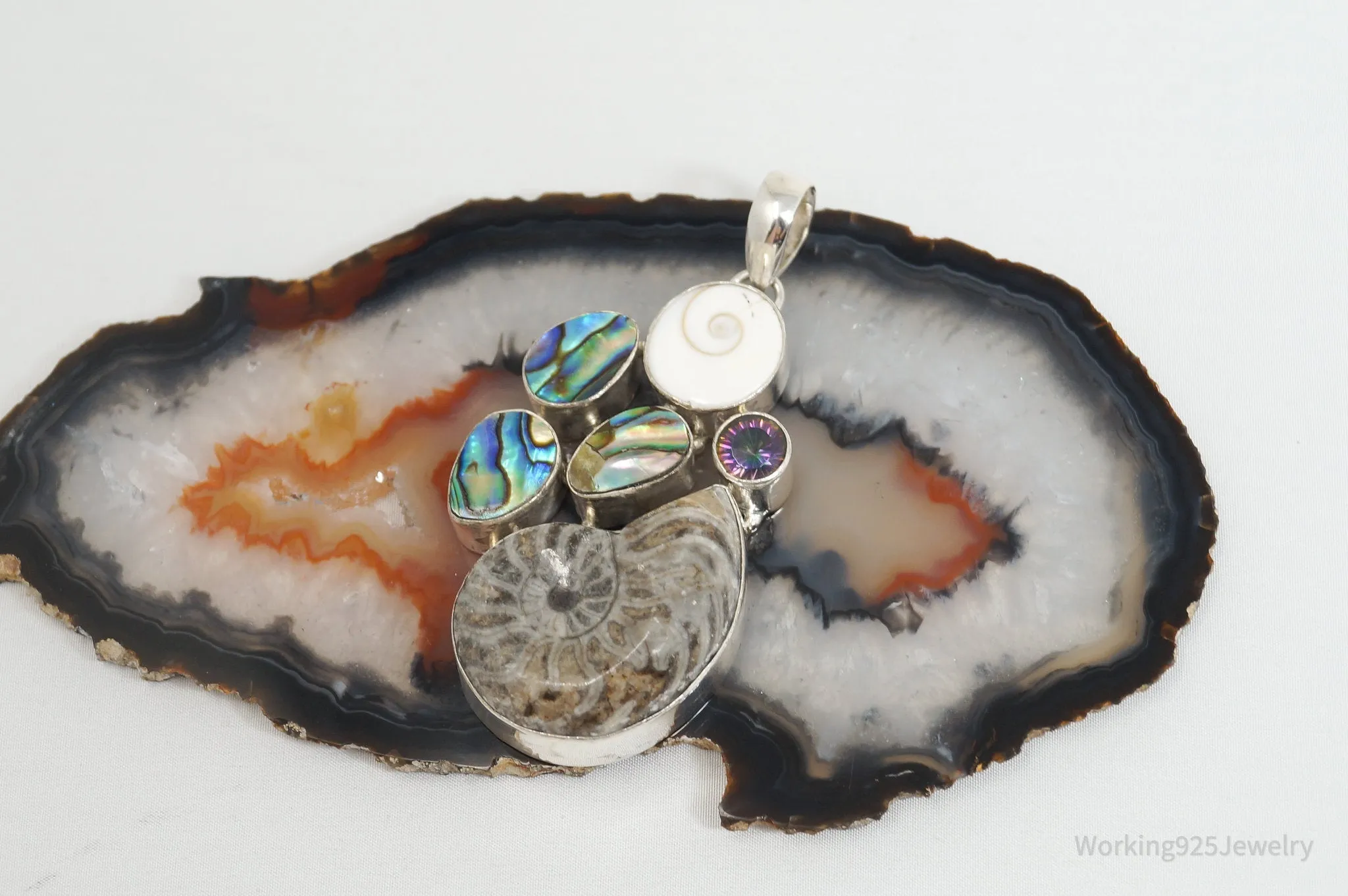 Vintage Large Fossil Shell Mystic Topaz Sterling Silver Abalone Necklace Pendant