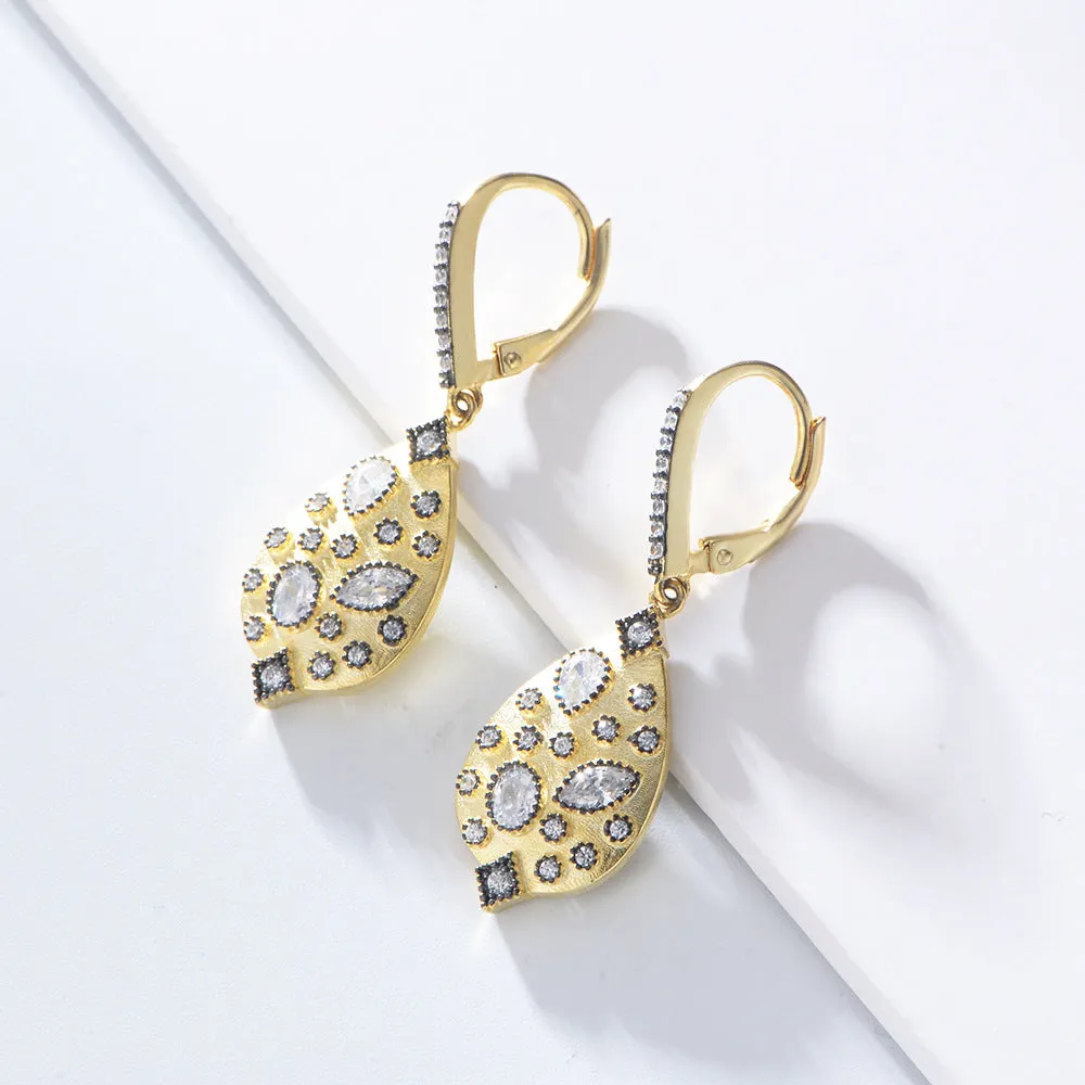 Vintage Plated 14K Gold with Zircon Silver Drop Earrings for Women