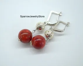 Vintage red coral earrings Gemstone dangle drop earrings Red terracotta coral earrings Ukrainian ethnic jewelry Personalized Gifts for her