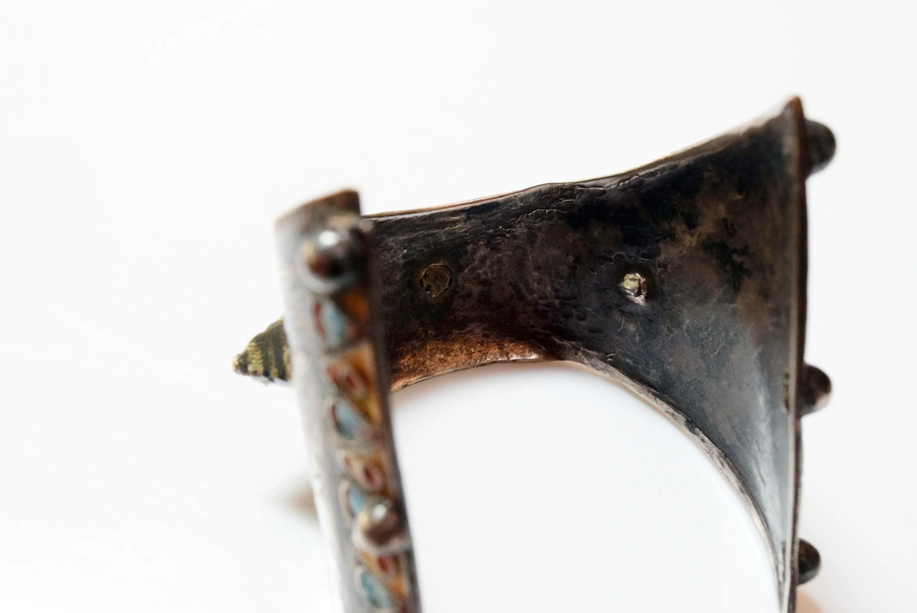 Vintage Silver, Enamel and Niello Flared Cuff Berber Bracelet Ida Ou Nadif