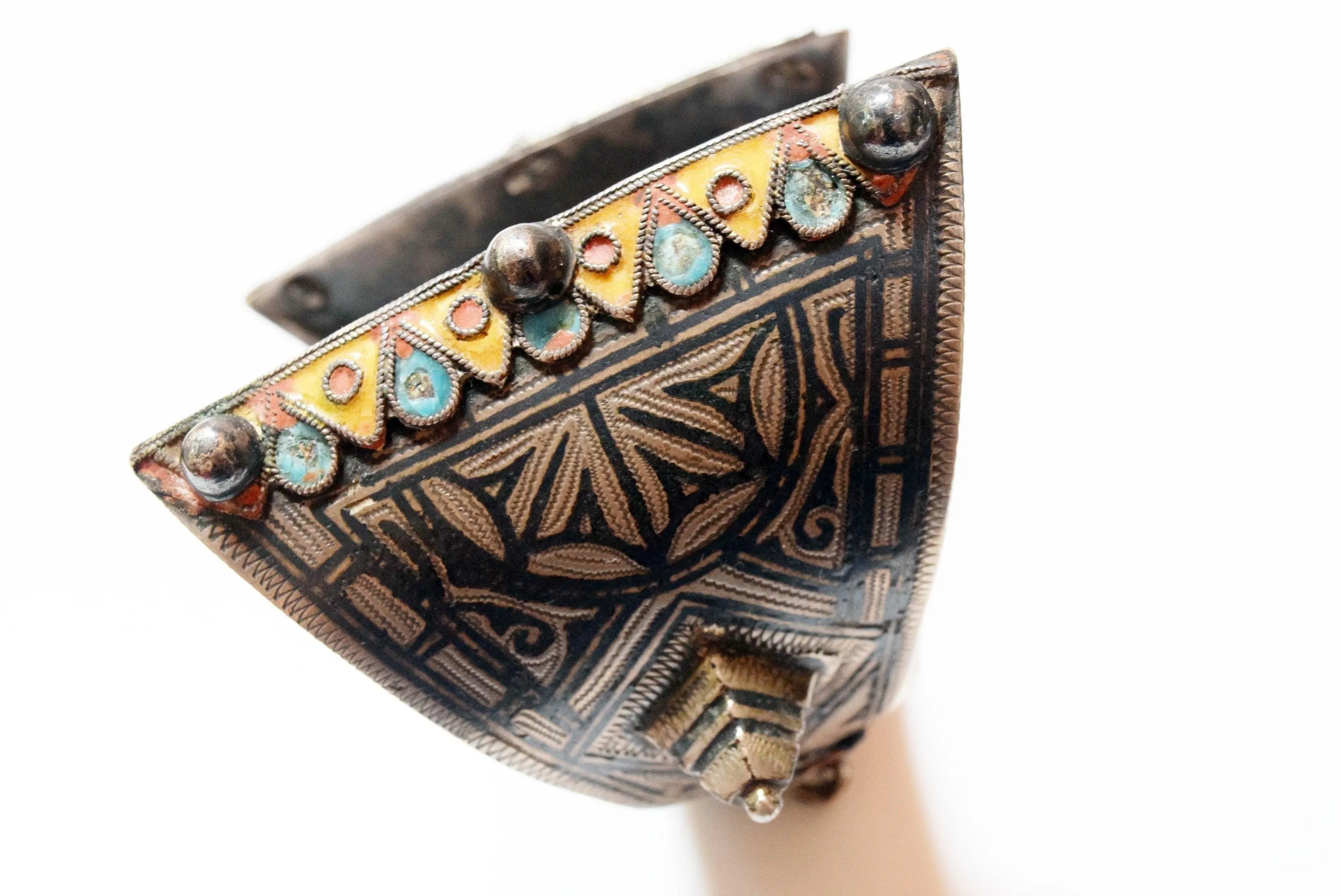 Vintage Silver, Enamel and Niello Flared Cuff Berber Bracelet Ida Ou Nadif
