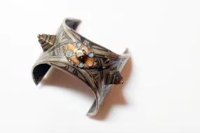 Vintage Silver, Enamel and Niello Flared Cuff Berber Bracelet Ida Ou Nadif