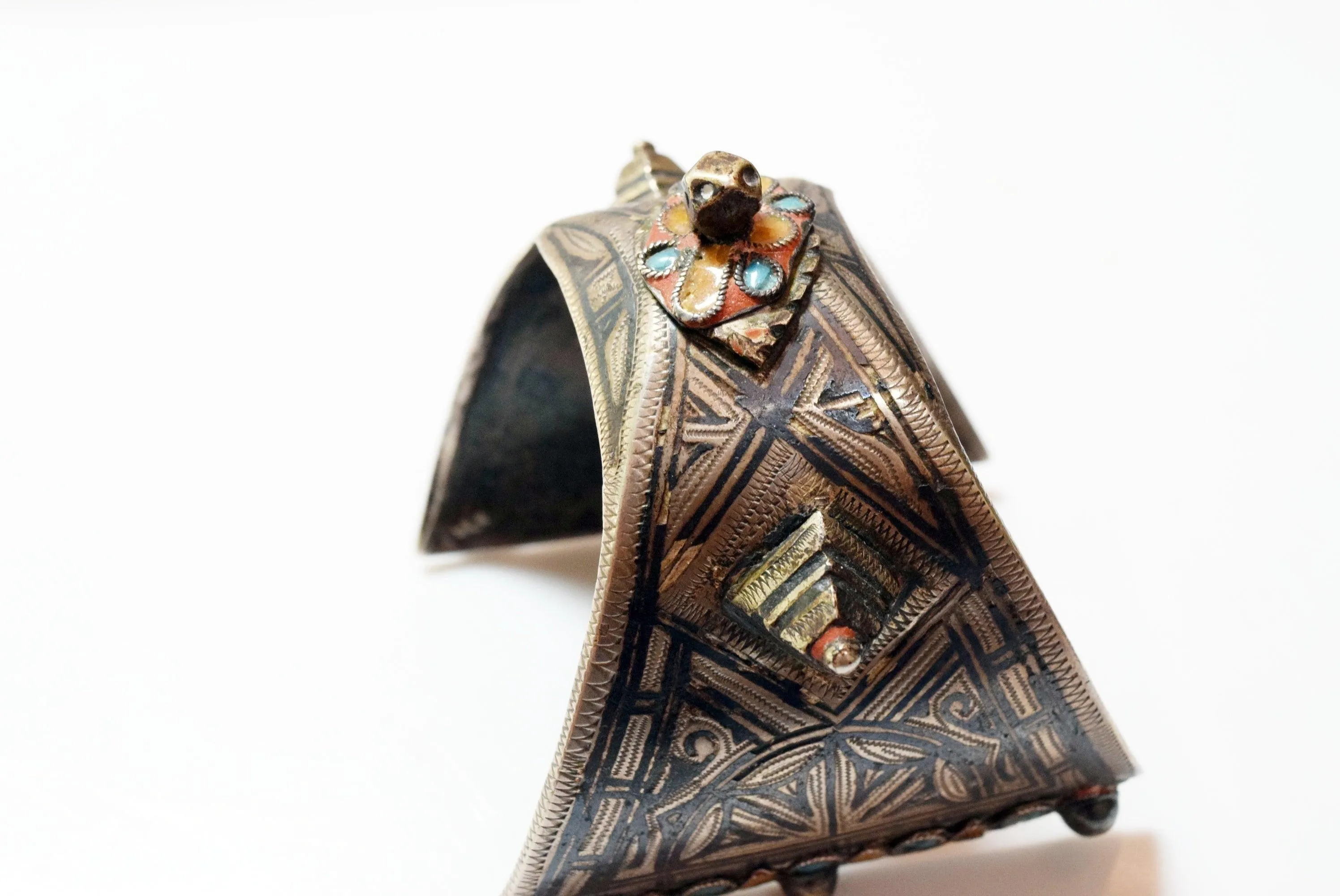 Vintage Silver, Enamel and Niello Flared Cuff Berber Bracelet Ida Ou Nadif
