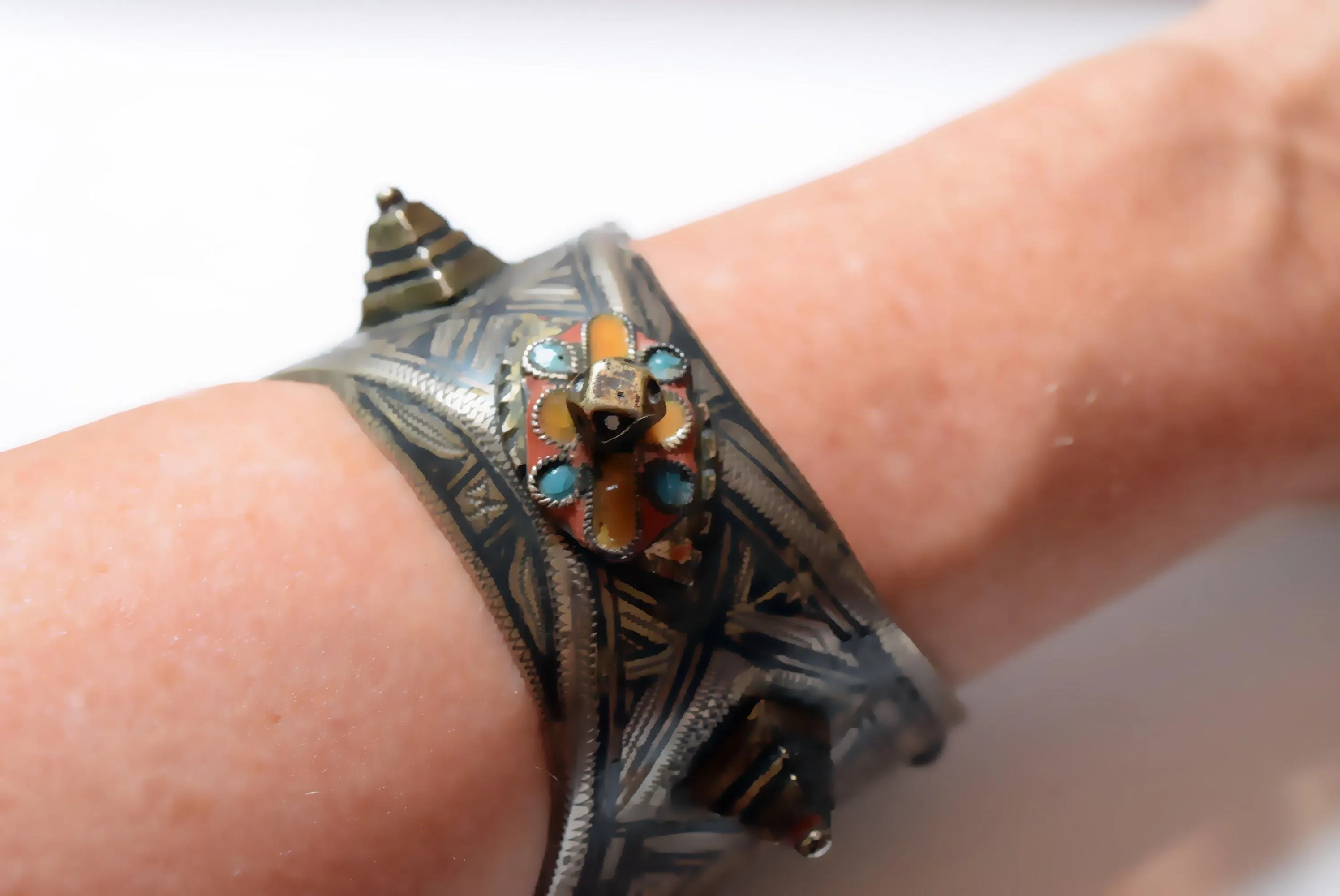 Vintage Silver, Enamel and Niello Flared Cuff Berber Bracelet Ida Ou Nadif