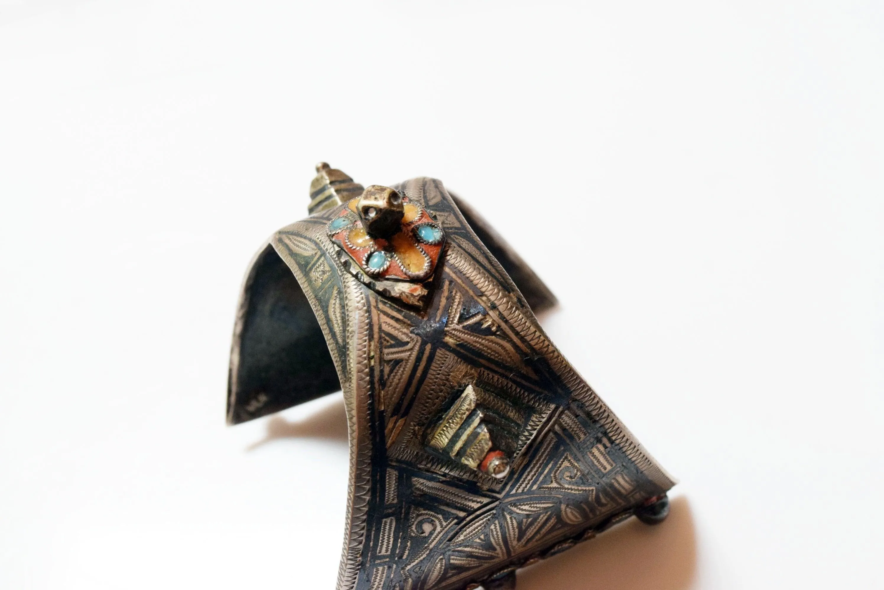 Vintage Silver, Enamel and Niello Flared Cuff Berber Bracelet Ida Ou Nadif