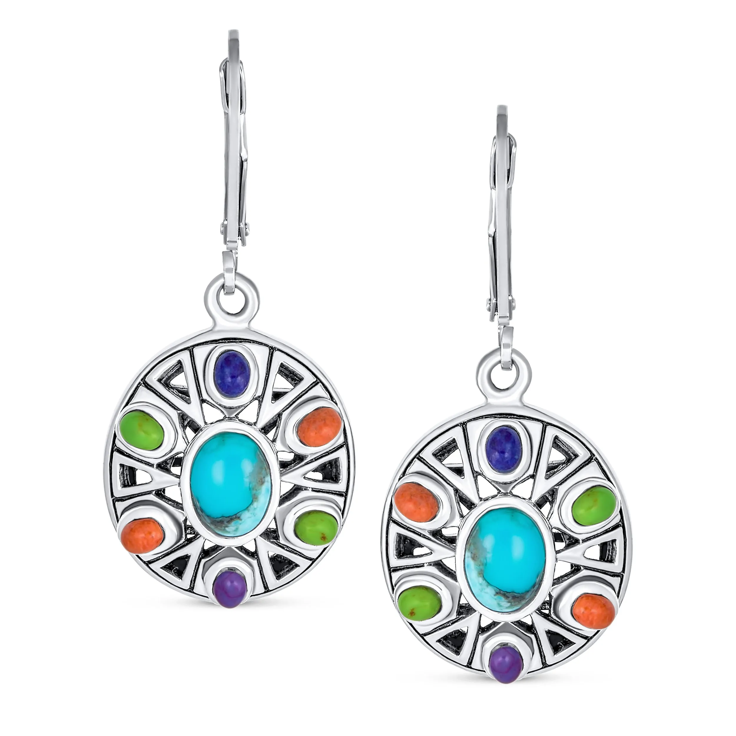 Western Jewelry Multicolor Dangle Gemstone Earrings Sterling Silver Lever Back