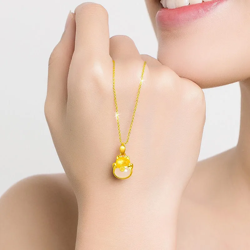 White and Gold Lucky Cat Jade Necklace Jewelry