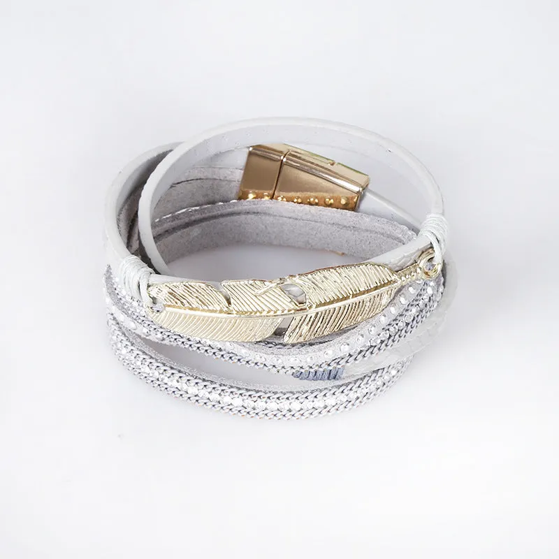 Women Leather Wrap Bracelet Multi Layer Wristband Feather Wrap Around Magnetic Closure
