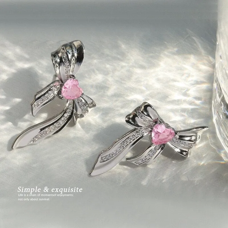Women's Sweet Pink Metal Pretty Bow Earrings