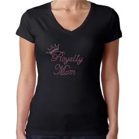 Womens T-Shirt Rhinestone Bling Black Fitted Tee Royalty Mom Crown Pink