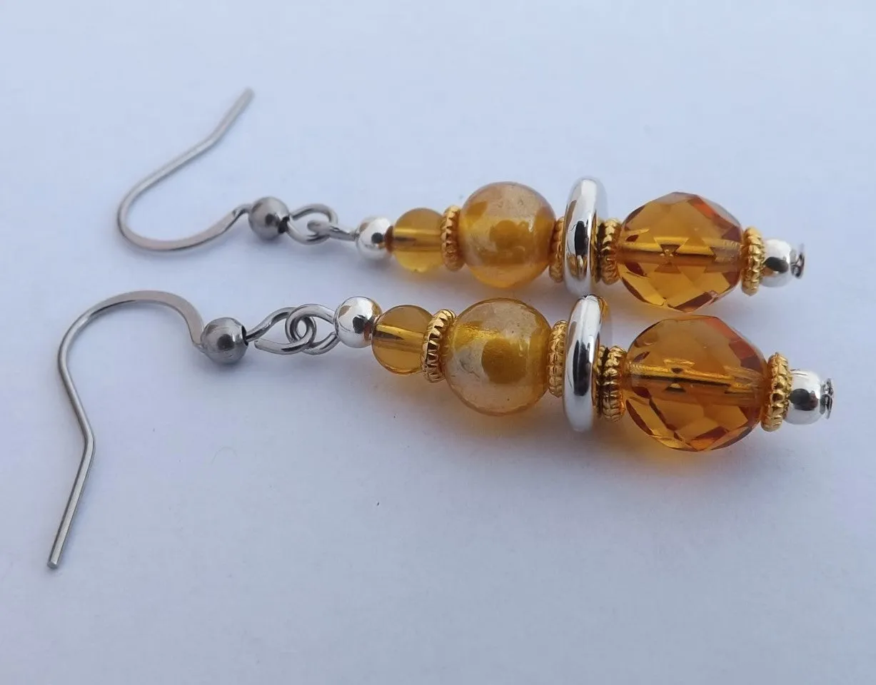 Yellow, Amber Brown & Silver Tone Handmade Glass Bead Earrings