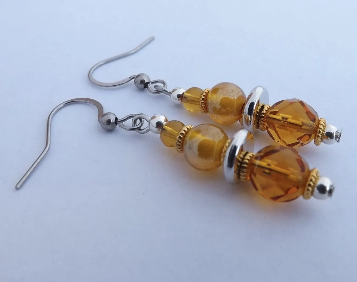 Yellow, Amber Brown & Silver Tone Handmade Glass Bead Earrings