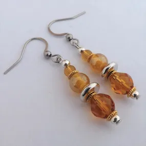 Yellow, Amber Brown & Silver Tone Handmade Glass Bead Earrings
