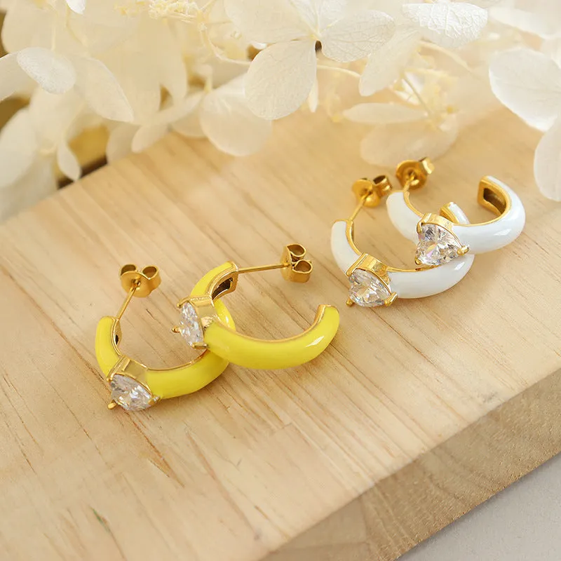 Yellow and White Drop Oil C-Shaped Earrings with Zircon Inlay