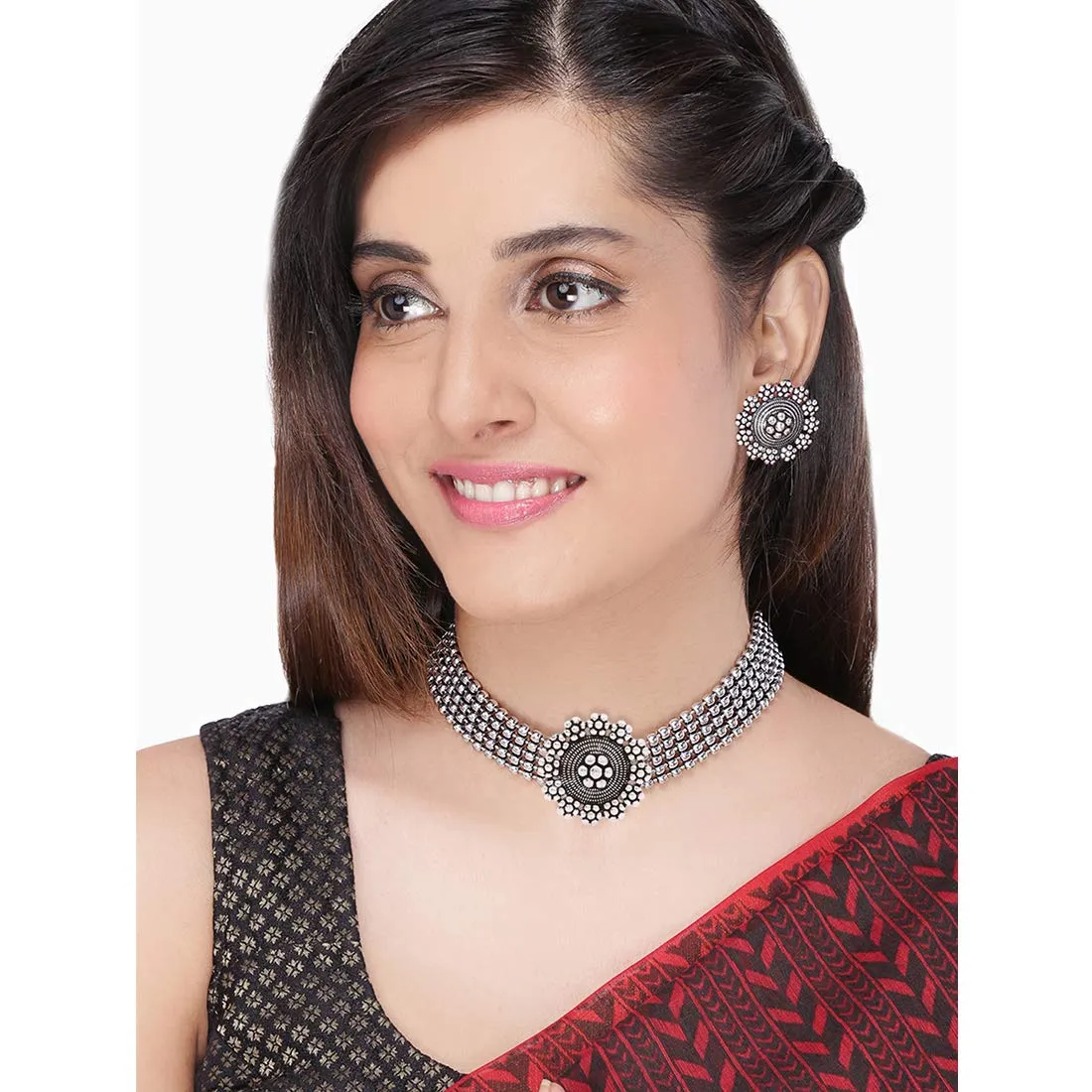 Yellow Chimes Oxidised Silver Threaded Jewelry Beads Traditional Choker Necklace Set for Women and Girls, silver oxidised, medium (YCTJNS-48OXDFLWR-SL)