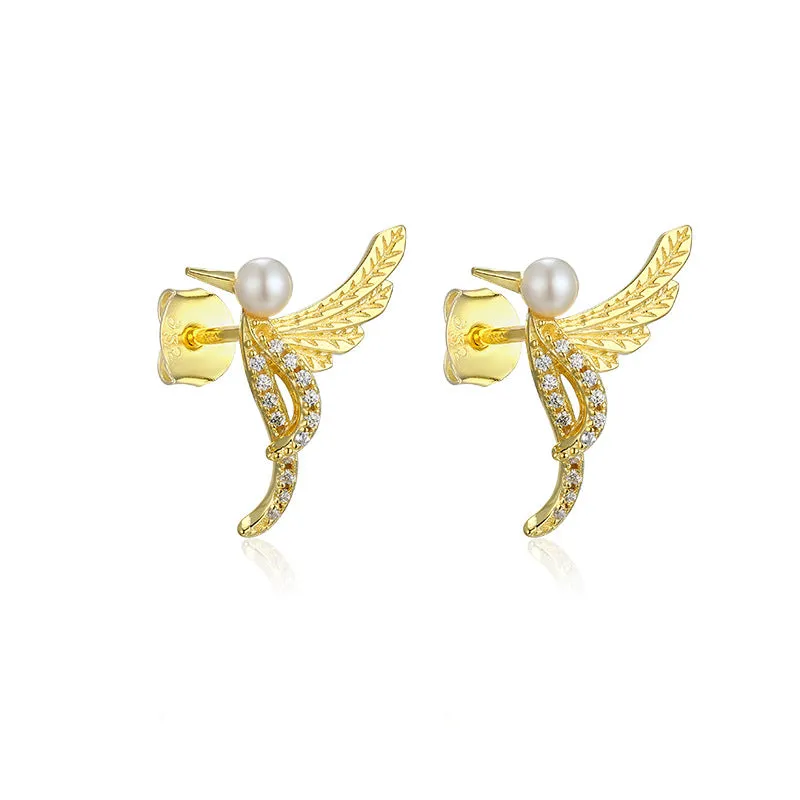 Zircon Bird with Pearl Silver Studs Earrings for Women