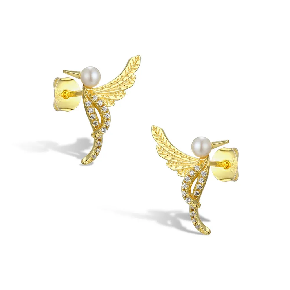 Zircon Bird with Pearl Silver Studs Earrings for Women