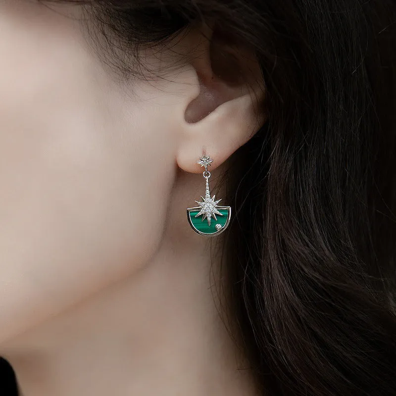 Zircon Stars Semicircle Malachite Pendant Sterling Silver Drop Earrings