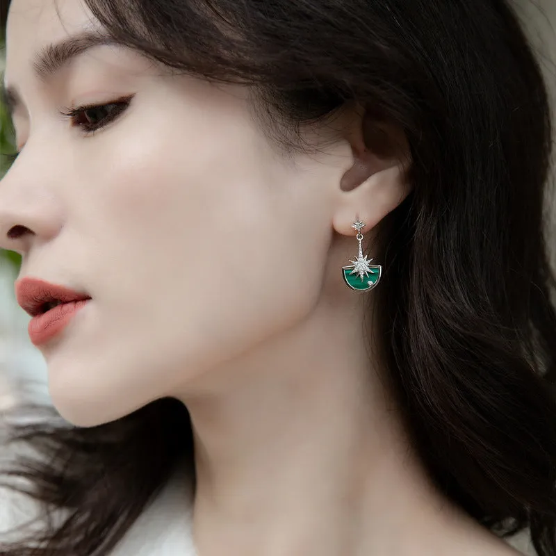 Zircon Stars Semicircle Malachite Pendant Sterling Silver Drop Earrings
